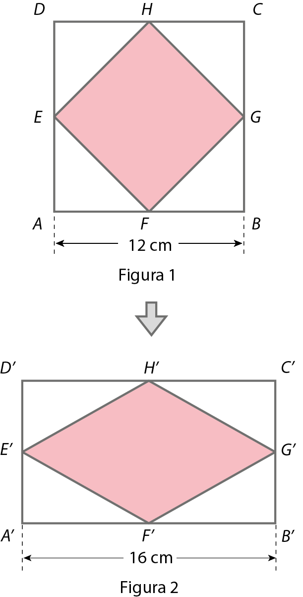 Ilustração. Quadrado ABCD. Dentro, losango EFGH, a ponta E do losango está entre A e D. A ponta G do losango está entre B e C. A ponta H do losango está entre C e D. E a ponta F do losango está entre A e B. A medida da base AB do quadrado é 12 centímetros. Seta para: Retângulo A linha B linha C linha D linha. Dentro, losango E linha F linha G linha H linha. A ponta E linha do losango está entre A linha e D linha. A ponta G linha do losango está entre B linha e C linha. A ponta H linha do losango está entre C linha e D linha. E a ponta F linha do losango está entre A linha e B linha. A medida da base do retângulo é 16 centímetros.