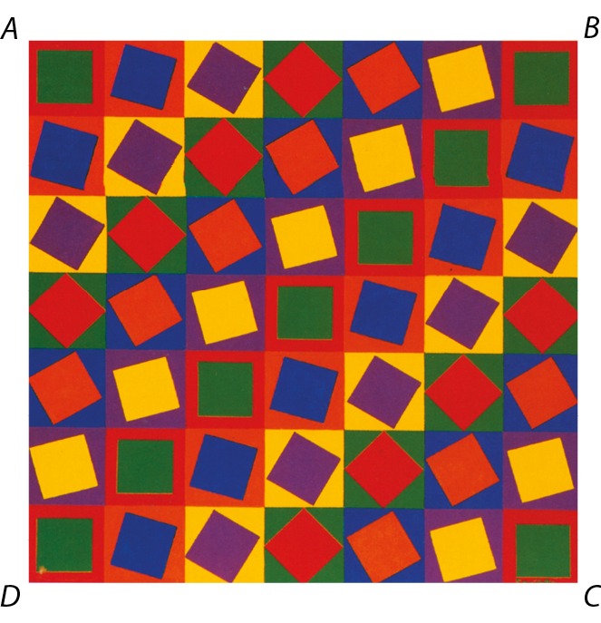 Fotografia. Tela composta por quadrados coloridos com quadrados na diagonal de cores diferentes.