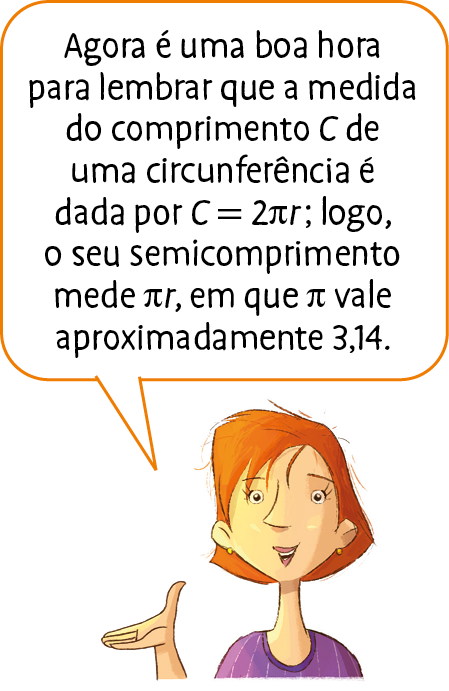 Ilustração. Mulher de cabelo ruivo e camiseta laranja fala: Agora é uma boa hora para lembrar que a medida do comprimento C de uma circunferência é dada por C igual a 2 pi r; logo, o seu semicomprimento mede pi r, em que pi vale aproximadamente 3,14.