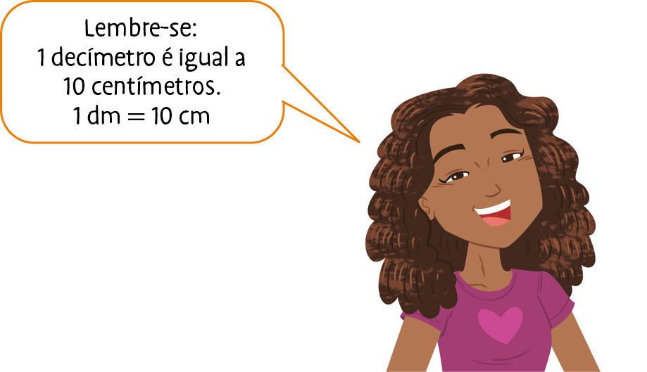 Ilustração. Menina de cabelo preto e camisa vermelha com coração rosa. ela diz: Lembre-se: 1 decímetro é igual a 10 centímetros. 1 dm igual a 10 cm