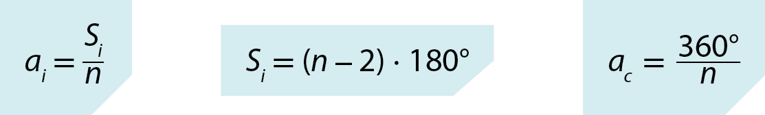 ai, igual a, fração, numerador Si, denominador n. Si, igual a, abre parênteses, n menos 2, fecha parênteses, vezes, 180 graus. ac igual a, fração, numerador 360 graus, denominador n