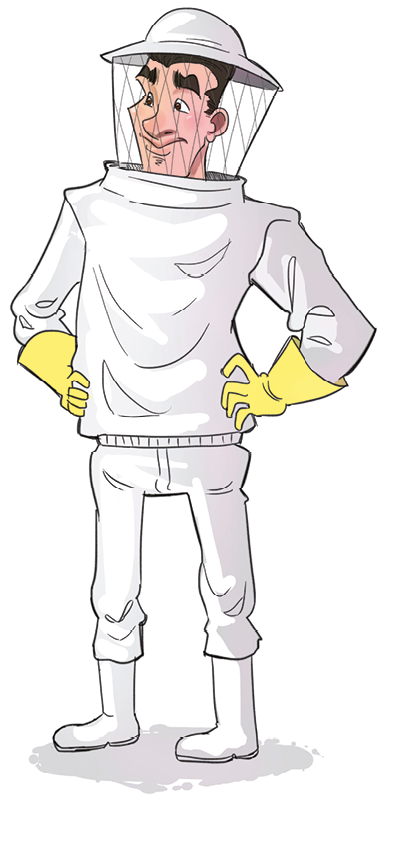 Ilustração. Homem de capacete de proteção com tela transparente, roupas brancas de proteção, botas e luvas amarelas.