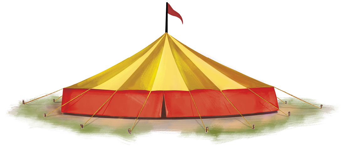 Ilustração. Lona de circo vermelha e amarela. No topo, bandeira vermelha.