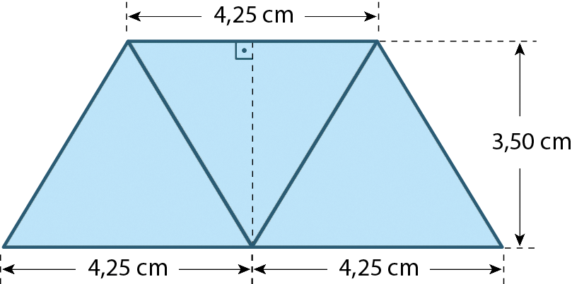 Ilustração. Na imagem, há um trapézio dividido em três triângulos: um triângulo com sua base para baixo, um triângulo de ponta cabeça e um triângulo com sua base embaixo. Cada triângulo tem uma base de 4,25 centímetros e altura de 3,50 centímetros. Ou seja, o trapézio possui seu lado maior na parte debaixo e a parte menor no lado de cima.