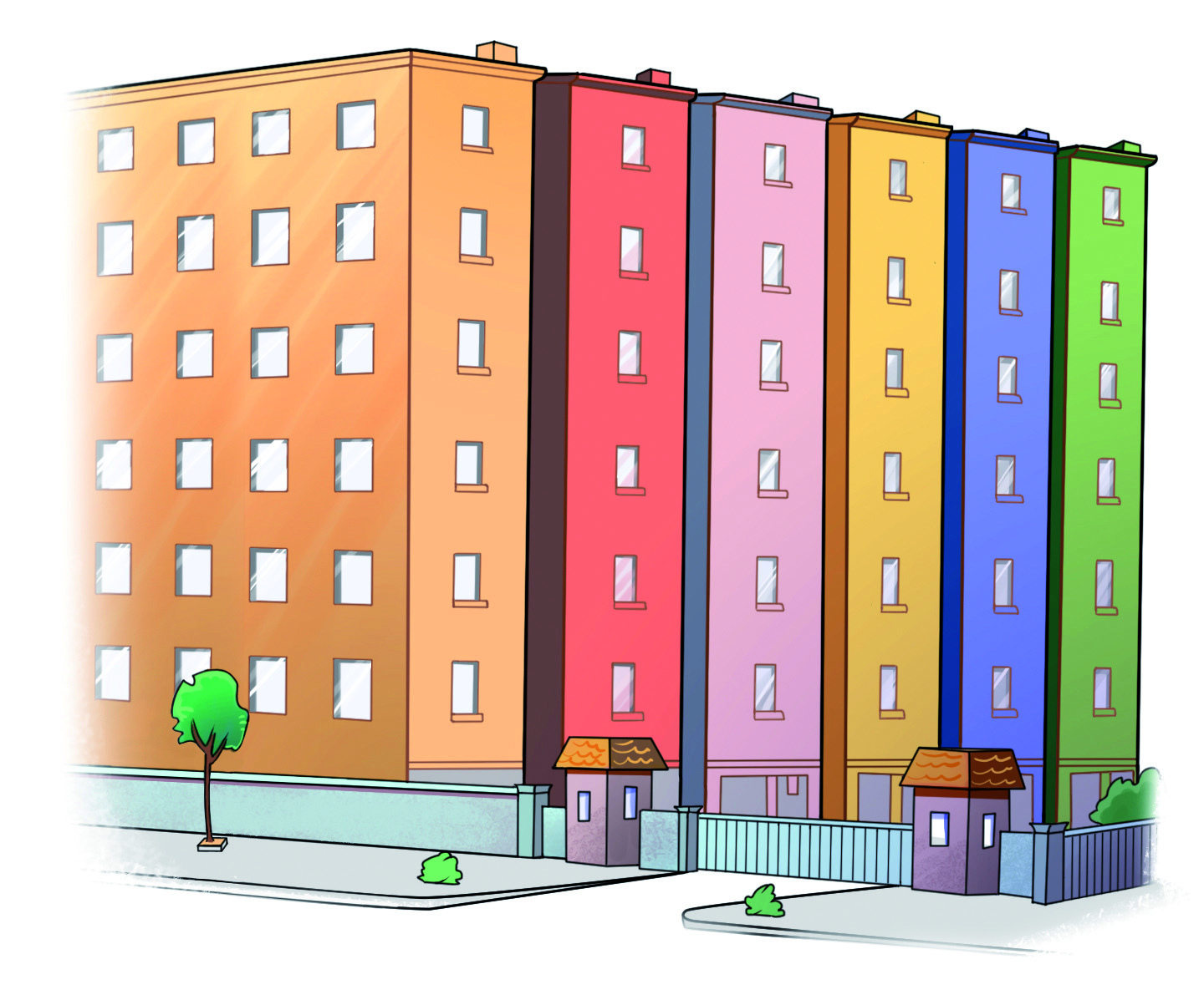 Ilustração. Condomínio com seis prédios lado a lado com seis andares cada um.