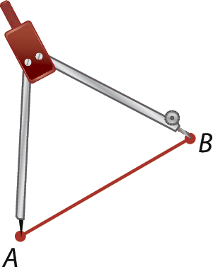 Ilustração. Um compasso com abertura igual à medida do segmento AB. Ponta seca do compasso em A e a ponta de lápis no ponto B.