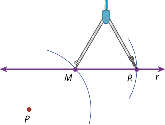 Ilustração. Compasso com a mesma abertura do passo anterior (medida entre os pontos P e M). Ponta seca no ponto M e um arco azul cruzando novamente a reta r e marcando o ponto R (à direita de M).