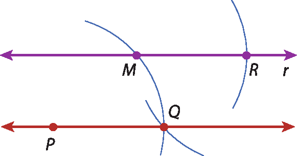 Ilustração. Reta vermelha passando pelos pontos P e Q, paralela à reta r.