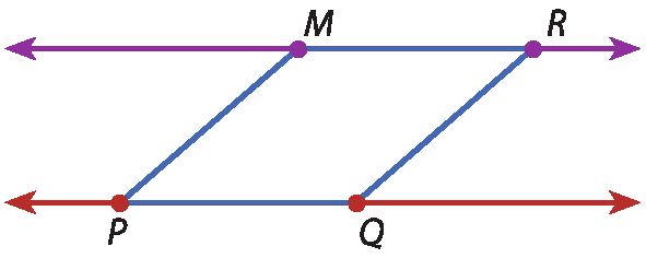 Ilustração. Uma reta roxa com os pontos M e R. Uma reta vermelha, paralela à reta roxa e abaixo dela, com os pontos P e Q. Traços em azul ligam os segmentos de reta PM, MR, RQ e QP, formando um losango.