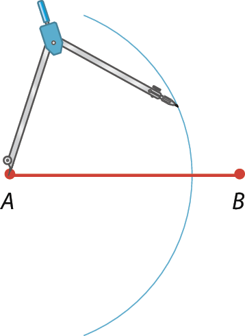 Ilustração. Um segmento vermelho de extremidades A e B. Um compasso com a ponto seca em A e a ponta de grafite sobre um arco azul que cruza o segmento próximo ao ponto B.