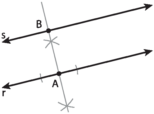 Ilustração. Retas r e s paralelas desenhadas em preto. Ponto A pertencente à reta r, ponto B pertencente à reta s. Traços da construção de uma perpendicular à reta r que passa pelo ponto A e pelo ponto B, resultado do cruzamento da perpendicular com a reta s.