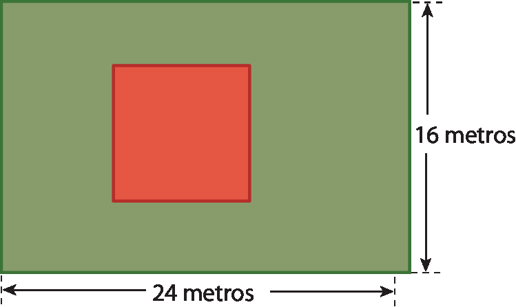 Ilustração. Retângulo verde com medidas: 24 metros por 16 metros. Dentro dele, um quadrado laranja.