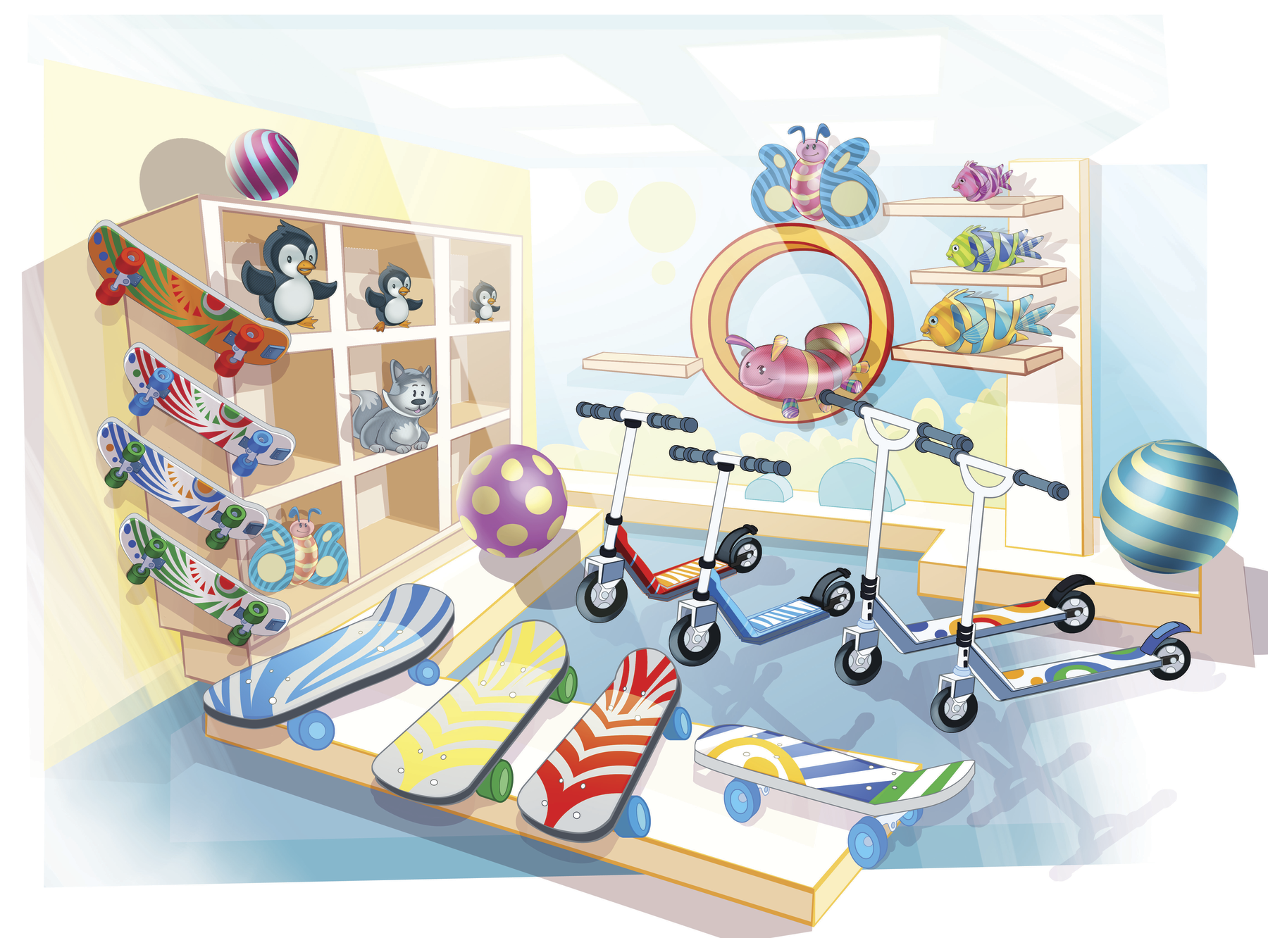 Ilustração. Vista do alto de loja de brinquedos com patinetes, skates e prateleira com brinquedos.