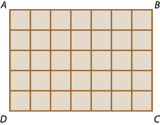 Ilustração. Retângulo A B C D dividido em 5 linhas e 7 colunas, formando 35 quadrados.