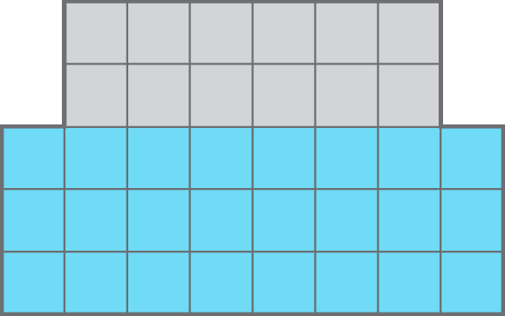 Ilustração. Três linhas e oito colunas de quadradinhos azuis. Acima, duas linhas e 6 colunas de quadradinhos cinzas.