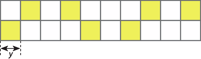 Ilustração. Retângulo dividido em duas linhas de 10 quadradinhos cada. Há 7 quadradinhos pintados de amarelo. A medida de cada lado do quadradinho é y.