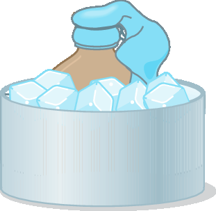 Ilustração. Figura 2: garrafa resfriada em contato com gelo. Garrafa dentro de recipiente com gelo.