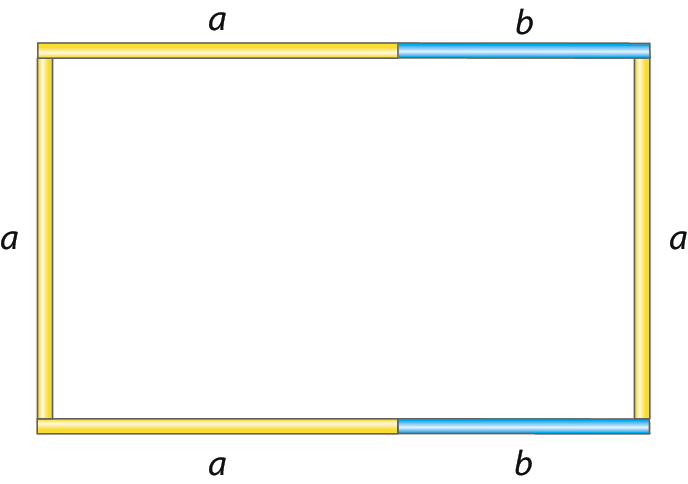 Ilustração. Retângulo composto por canudinhos. As medidas dos canudinhos são: lado direito: a, lado superior: a, b, lado esquerdo: a, lado inferior: a, b.