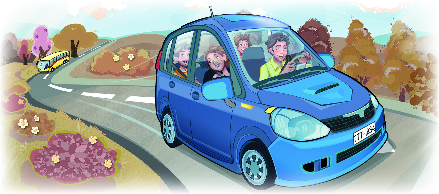 Ilustração. Quatro pessoas dentro de um automóvel azul em uma estrada. Ao redor, vegetação e arbustos.