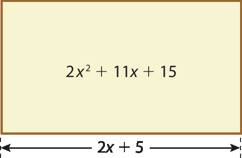 Ilustração. Retângulo com lado maior medindo 2 vezes x mais 5. Dentro, sua área é indicada como 2 vezes x ao quadrado, mais 11 vezes x, mais 15.