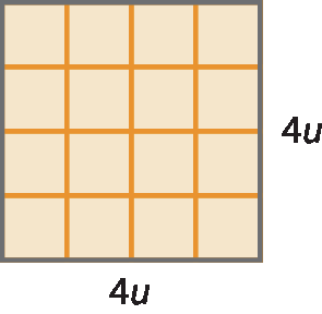 Ilustração. Quadrado dividido em 4 linhas e 4 colunas de quadradinhos. Medidas: 4u por 4u.