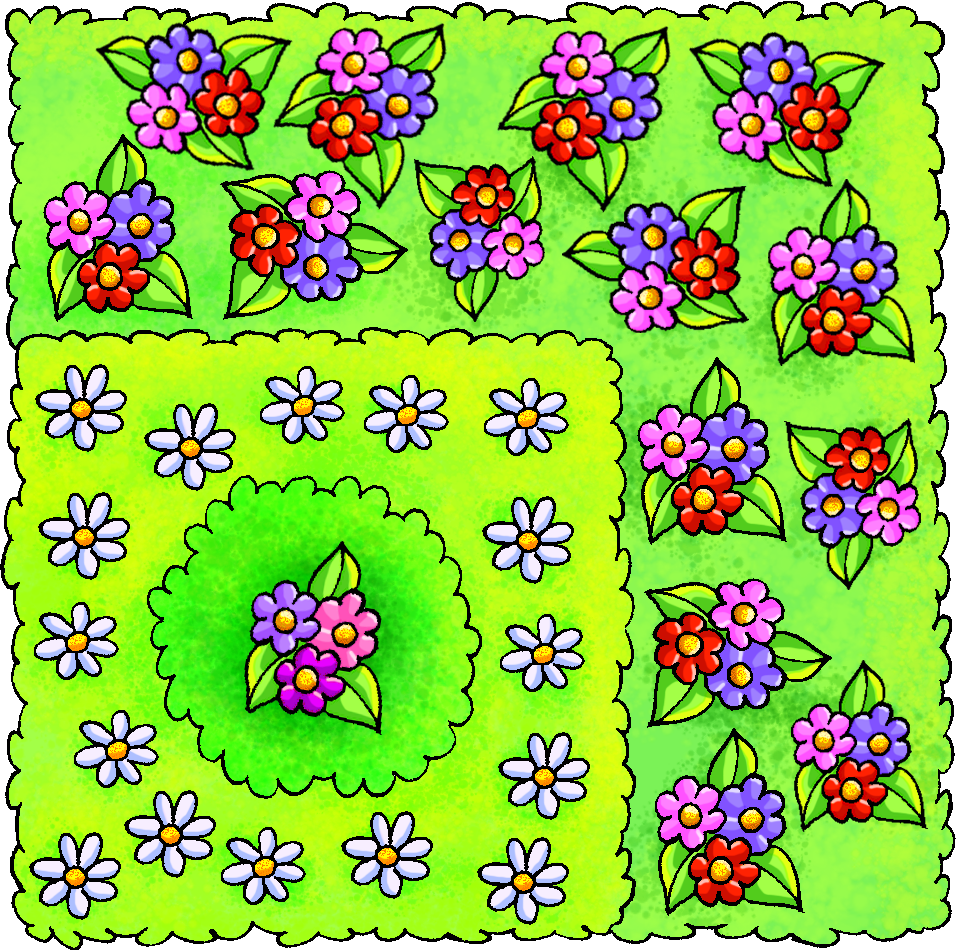 Ilustração. Jardim quadrado com flores. Ao redor dele, em direção à parte superior esquerda, uma área com flores diferentes, indicando expansão do jardim em uma área maior e ainda quadrada.