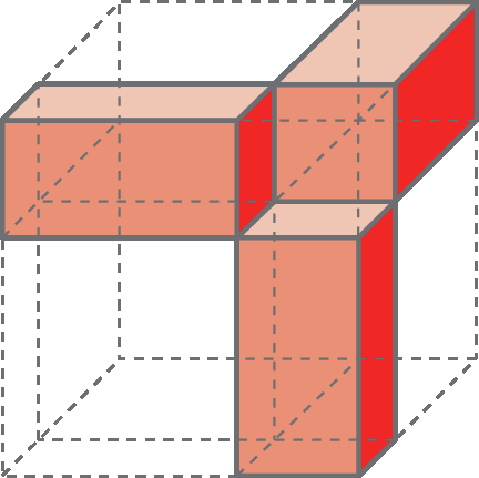 Ilustração. Com base na ilustração anterior, destaque para três paralelepípedos vermelhos com arestas medindo a, b e b.