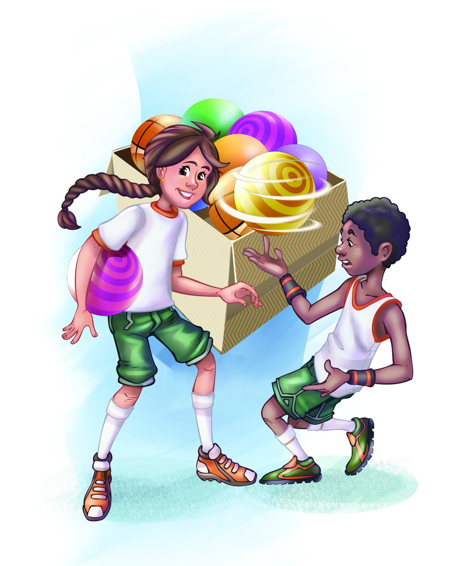 Ilustração. Menina branca de cabelos compridos em trança, camiseta branca e bermuda verde, está com uma bola embaixo do braço. Ao lado, menino negro de regata branca e short verde está com uma bola sobre o dedo indicador. Ao fundo, caixa com bolas.