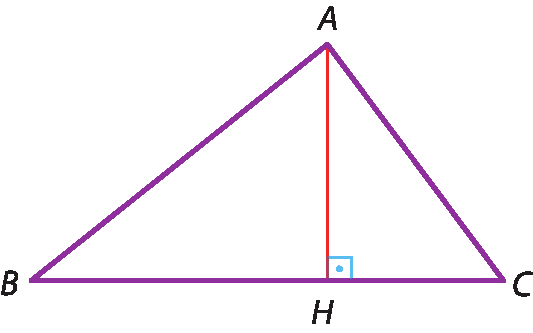 Ilustração. Triângulo A B C. Entre B e C, H. Um segmento liga A e H, com marcação de ângulo de 90 graus formado entre segmento A H e segmento B C.