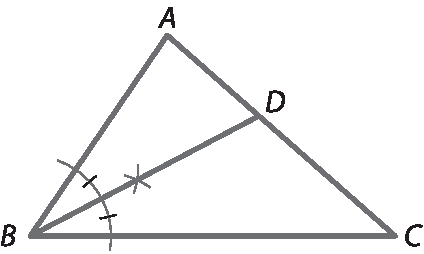 Ilustração. Triângulo A B C. Entre A e C, D. Segmento B D, com marcações de que o ângulo B é dividido em 2 ângulos de mesma medida.