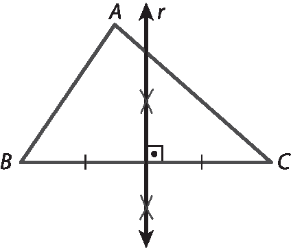 Ilustração. Triângulo A B C. Uma reta r passa pelo triângulo formando o ângulo de 90 graus com o lado B C. Essa reta divide o lado B C em duas partes de mesma medida.