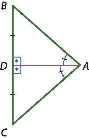 Ilustração. Triângulo A B C. Entre B e C, ponto D. Segmento A D forma ângulo de 90 graus com segmento B C e o divide em duas partes de mesma medida. ângulo A dividido em duas partes de mesma medida pelo segmento A D.