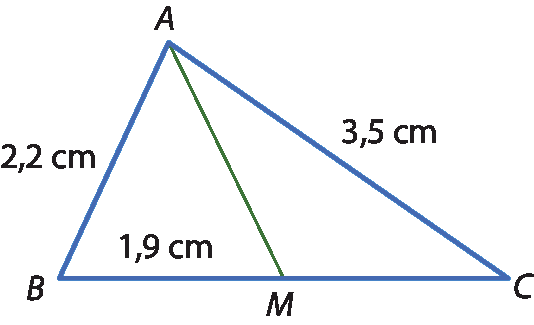 Ilustração. Triângulo A B C. Entre B e C, ponto M. Segmento A M. As medidas são: A B igual 2,2 centímetros; A C igual 3,5 centímetros; B M igual 1,9 centímetros.