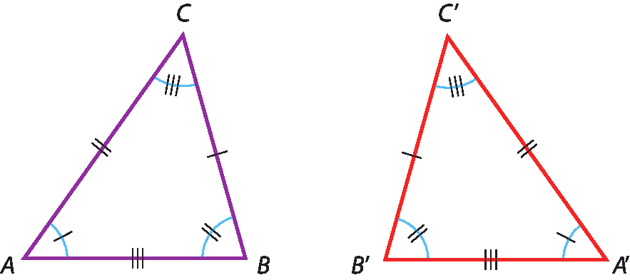 Ilustração. 2 triângulos. Triângulo A B C. Triângulo A linha B linha C linha. Há marcações que indicam que: lado A C tem mesma medida que o lado A linha C linha; lado B C tem mesma medida que o lado B linha C linha; lado A B tem mesma medida que o lado A linha B linha. Há marcações que indicam que: ângulo A tem mesma medida que ângulo A linha; ângulo B tem mesma medida que  ângulo B linha; ângulo C tem mesma medida que  ângulo C linha.