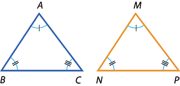 Ilustração. Triângulo A B C e triângulo M N P. Marcações indicam que ângulo A tem mesma medida que ângulo M; ângulo B tem mesma medida que ângulo N; ângulo C tem mesma medida que ângulo P.