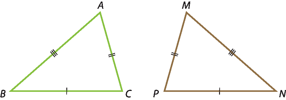 Ilustração. Triângulo A B C e triângulo M N P. Lado A B congruente lado M N; Lado A C congruente lado M P; Lado B C congruente lado N P.