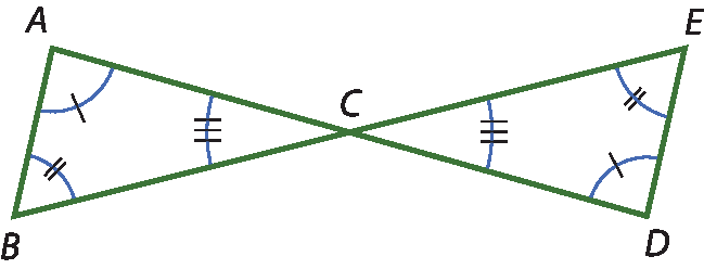 Ilustração. Triângulo A B C e triângulo, C D E. Em cada vértice dos dois triângulos, marcações de ângulos tais que: ângulo A tem mesma medida que ângulo de D; ângulo B tem mesma medida que ângulo de E; ângulo A C B tem mesma medida que ângulo de D C E.