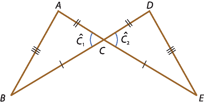 Ilustração. Triângulo A B C e triângulo, C D E. No vértice C, há marcações de ângulos C1 e C2. Lado A C congruente lado D A; Lado A B congruente lado D E; Lado B C congruente lado E C.