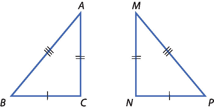 Ilustração. Triângulo A B C e triângulo M N P. Lado A C tem mesma medida que lado M N; Lado A B tem mesma medida que lado M P; Lado B C tem mesma medida que lado P N.