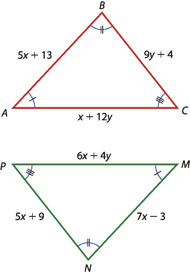 Ilustração. 2 triângulos No triângulo A B C as medidas são: A C, x mais 12 vezes y; A B, 5 vezes x mais 13; B C, 9 vezes y mais 4. No triângulo M N P as medidas são: MN, 7 vezes x menos 3; NP, 5 vezes x mais 9; PM, 6 vezes x mais 4 vezes y marcações indicam que ângulo A tem mesma medida que ângulo M; que ângulo B tem mesma medida que ângulo N; que ângulo C tem mesma medida que ângulo P.