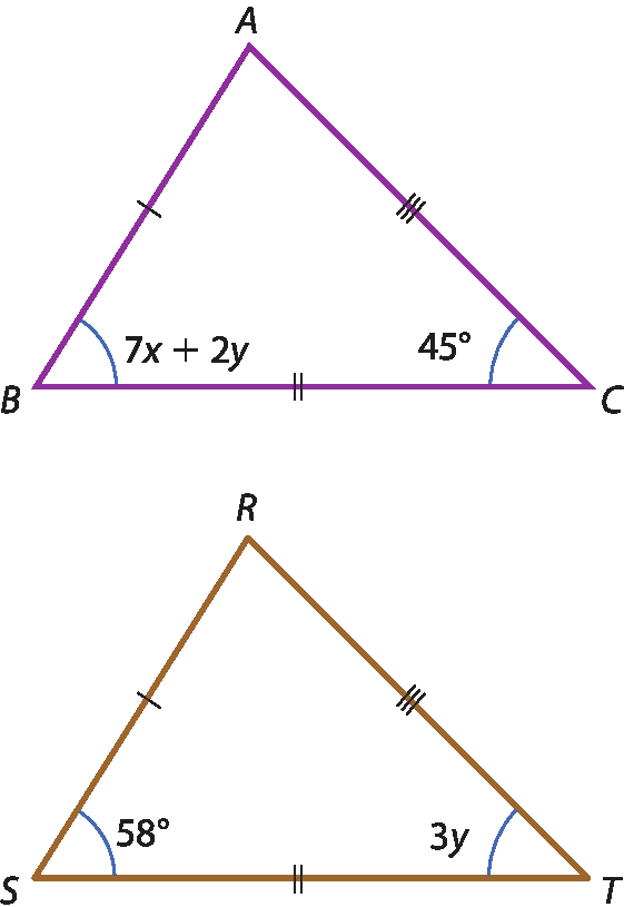 Ilustração. Triângulo A B C. No vértice C, ângulo de 45 graus. No vértice B, ângulo de 7 vezes x mais 2 vezes y. Triângulo R S T; ângulo S mede 58 graus, ângulo T mede 3 vezes y medida A B é igual R S medida A C é igual R T medida B C é igual S T