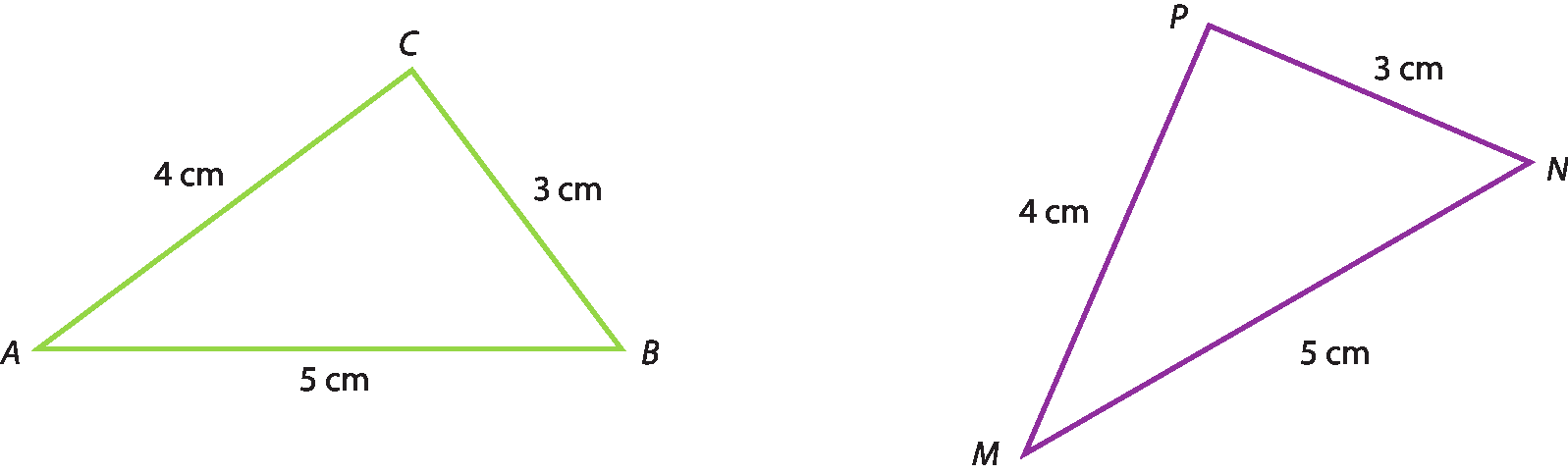 Triângulo A B C. Os lados medem: AC, 4 centímetros. AB, 5 centímetros. BC, 3 centímetros. Triângulo M N P. Os lados medem: M N, 5 centímetros. N P, 3 centímetros. P M, 4 centímetros.