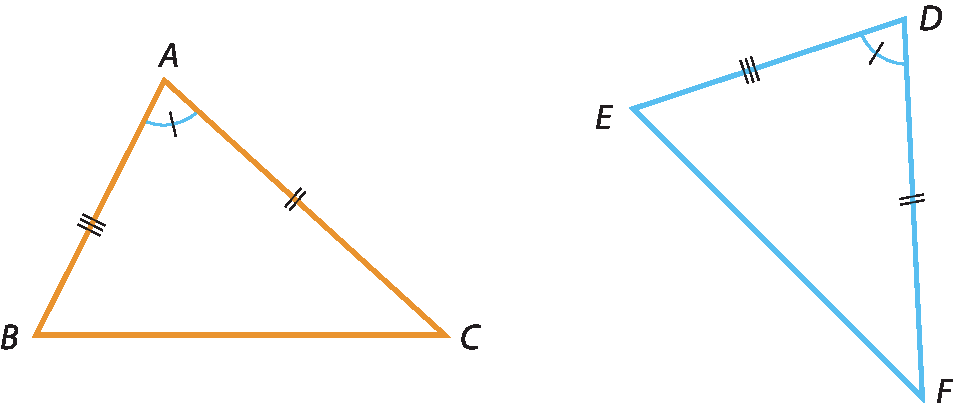 Triângulo A B C com marcação de ângulo no vértice A com 1 tracinho e marcação de 3 tracinhos no lado A B e de 2 tracinhos no lado A C. Triângulo D E F com marcação de ângulo no vértice D com 1 tracinho e marcação de 3 tracinhos no lado D E e de 2 tracinhos no lado A F.