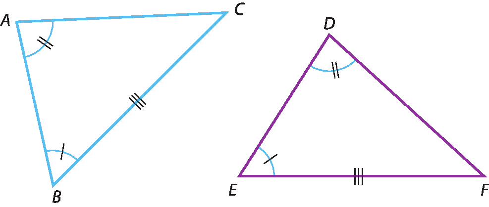 Ilustração. Triângulo ABC com marcações de ângulos nos vértices A e B. Ilustração. Triângulo DEF com marcações de ângulos nos vértices D e E.