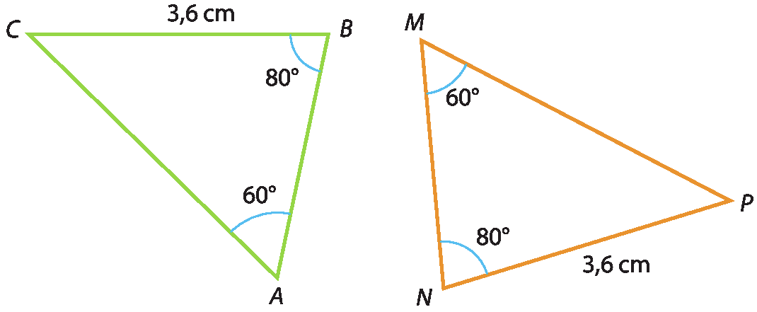 Triângulo A B C com marcação de ângulo de 60 graus no vértice A e 80 graus no vértice B. Lado C B mede 3,6 centímetros. Triângulo M N P com marcações de ângulo de 80 graus no vértice N e 60 graus no vértice M. Lado NP mede 3,6 centímetros.