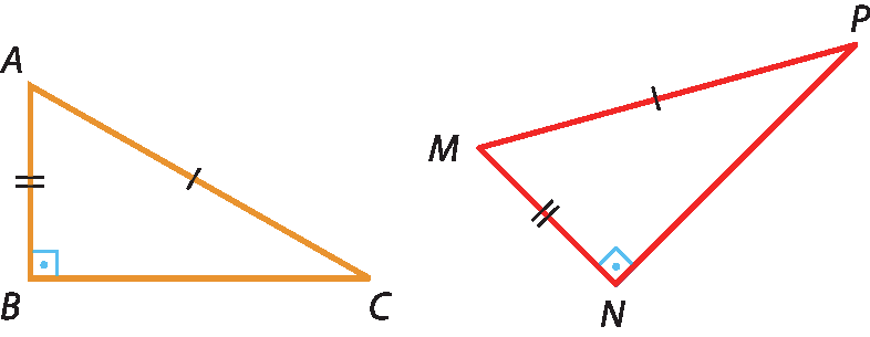 Ilustração. Triângulo ABC com marcação de ângulo de 90 graus no vértice B. O lado A B tem indicação de 2 tracinhos e o lado A C, 1 tracinho. Ilustração. Triângulo M N P com marcação de ângulo de 90 graus no vértice N. O lado M N tem indicação de 2 tracinhos e o lado M P, 1 tracinho.
