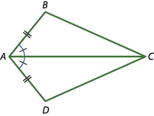 Ilustração. Triângulo A B C e A D C. Lado A B tem medida igual lado A D. Ângulo B A C tem medida igual ângulo D A C.