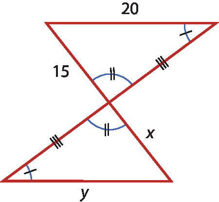 Dois triângulos unidos por um vértice em comum. O ângulo formado neste vértice em cada triângulo está indicado com 2 tracinhos. O ângulo ao lado dele, em cada triângulo, está indicado com 1 tracinho. Medida dos segmentos é indicada da seguinte maneira: Lado do ângulo de 1 tracinho comum ao lado do ângulo com 2 tracinhos: 3 tracinhos em ambos os triângulos. Lado do ângulo com 2 tracinhos comum ao lado do ângulo sem indicação: x no triângulo de baixo e 15 no de cima. O terceiro lado tem medida y no triângulo de baixo e 29=0 no de cima.