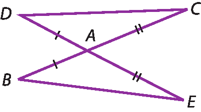 Ilustração. Triângulo A D C, unido pelo vértice A com outro triângulo A B E. Lado D A congruente ao lado B A; lado C A congruente lado E A.