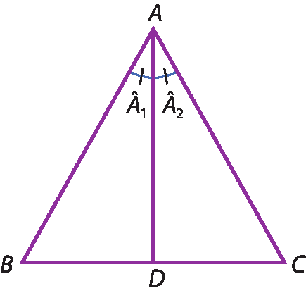 Ilustração. Triângulo ABC. Entre B e C, ponto D. Segmento A D divide ângulo A ao meio nos ângulos A1 e A2.